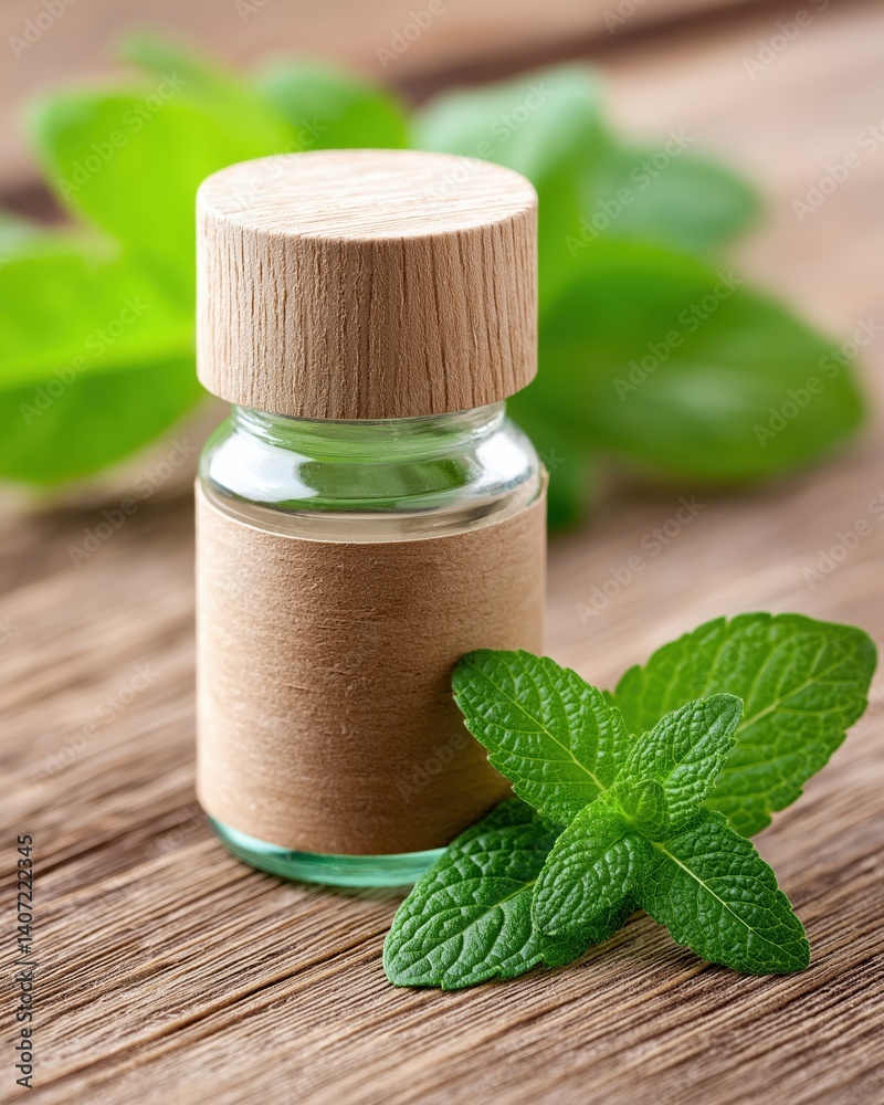 A small glass bottle with a wooden lid sits on a wooden surface, surrounded by fresh mint leaves. A small glass bottle with a wooden lid sits on a wooden surface, surrounded by fresh mint leaves.