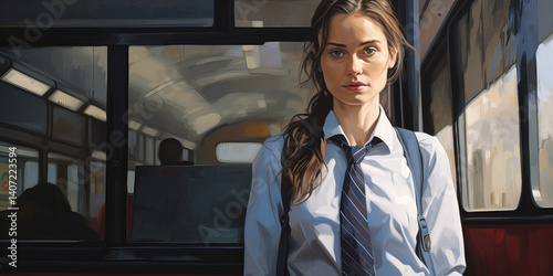 Young woman in shirt and tie standing at a bus station...