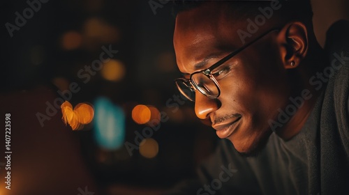 A Black man wearing glasses is working on his laptop at night, with a dark background and blurred lights in the room
