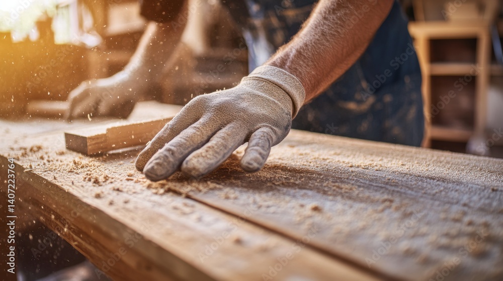 Carpenter sanding wood table in workshop. Featuring focus and craftsmanship Carpenter sanding wood table in workshop. Featuring focus and craftsmanship