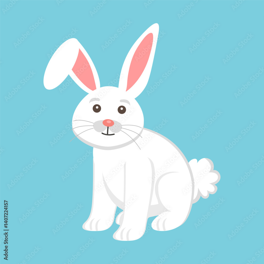 A cute white rabbit vector illustration with pink inner ears, brown eyes, a small pink nose, and whiskers, set against a light blue background. A cute white rabbit vector illustration with pink inner ears, brown eyes, a small pink nose, and whiskers, set against a light blue background.