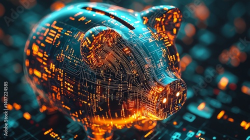Futuristic Piggy Bank with Neon Circuit Design and Digital Elements