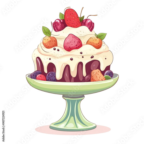 Delicious fruit cake dessert on a pedestal sweet treat bakery pastry whipped cream strawberries blueberries raspberries