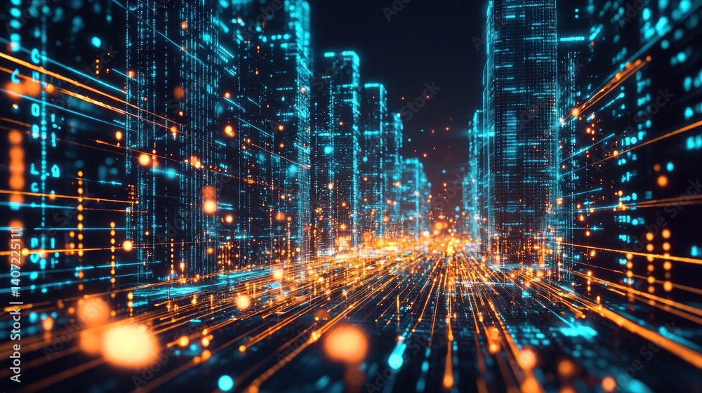Futuristic Cityscape with Bright Neon Lights and Flowing Data Streams