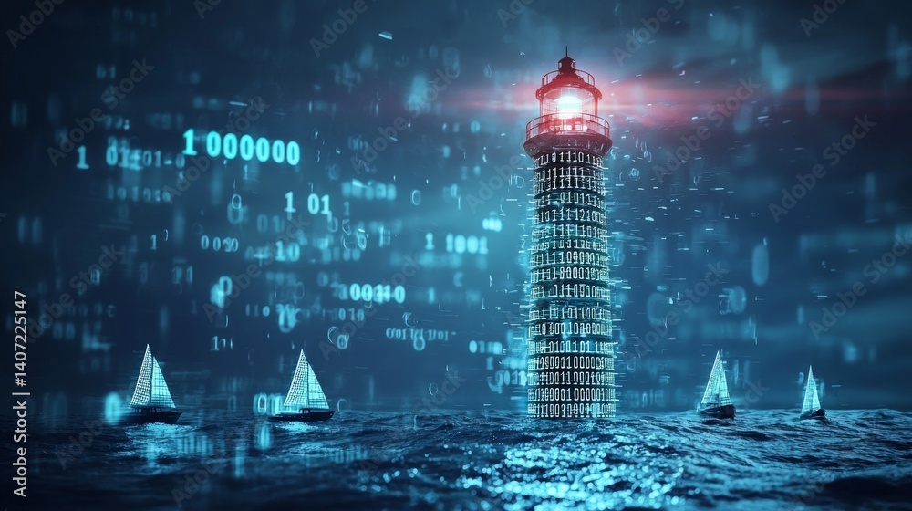Futuristic Lighthouse Surrounded by Digital Data and Sailing Boats