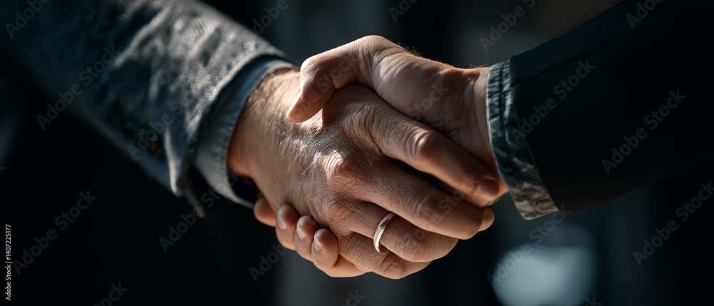Handshake of Agreement: Close-up of a firm handshake, capturing the essence of agreement, partnership, and mutual respect. The image is illuminated by natural light. Handshake of Agreement: Close-up of a firm handshake, capturing the essence of agreement, partnership, and mutual respect. The image is illuminated by natural light.
