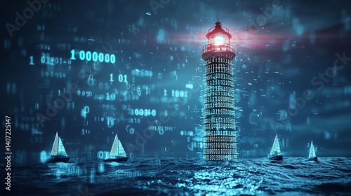 Obraz na płótnie Futuristic Lighthouse Surrounded by Digital Data and Sailing Boats w salonie