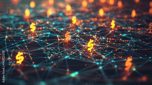 Obraz na płótnie Geometric Network Visualization with Dollar Symbols and Lights w salonie