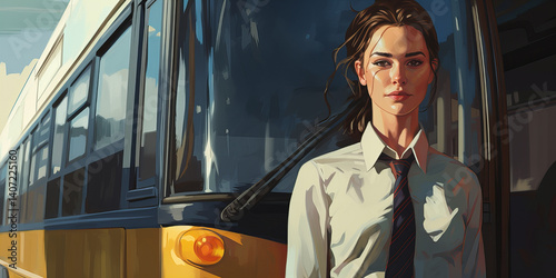 Young woman in shirt and tie standing at a bus station...