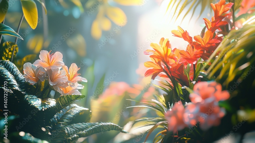 Serene Tropical Garden with Colorful Flowers and Lush Foliage