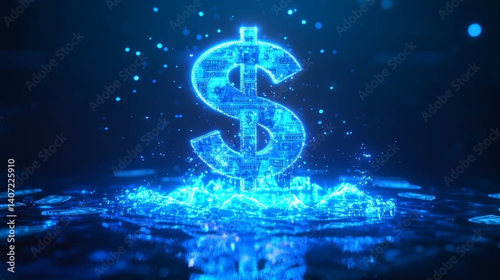 Serene Blue Dollar Symbol with Water Splash and Digital Effect