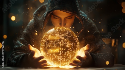 Obraz na płótnie Enlightened Seer Gazes into a Crystal Ball of Binary Codes w salonie