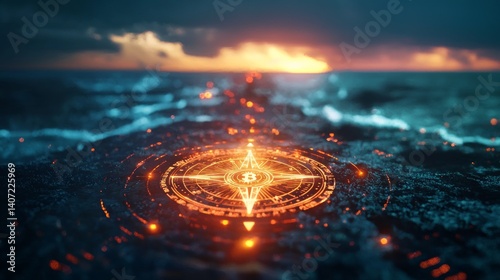 Obraz na płótnie Stylized Compass Design on Water Surface at Sunset Landscape w salonie