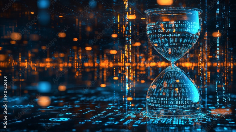 Digital Hourglass with Binary Code and Futuristic Background