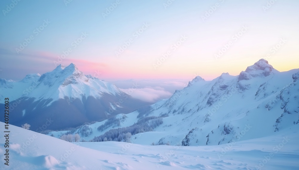 Obraz premium Serene Mountain Vista: A breathtaking vista unfolds as snow-capped mountains touch the sky, the canvas painted with pastel hues of dawn.