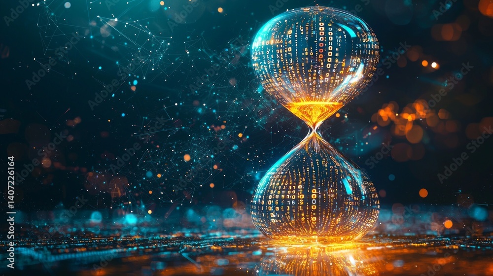 Futuristic Hourglass with Digital Elements and Glowing Effects
