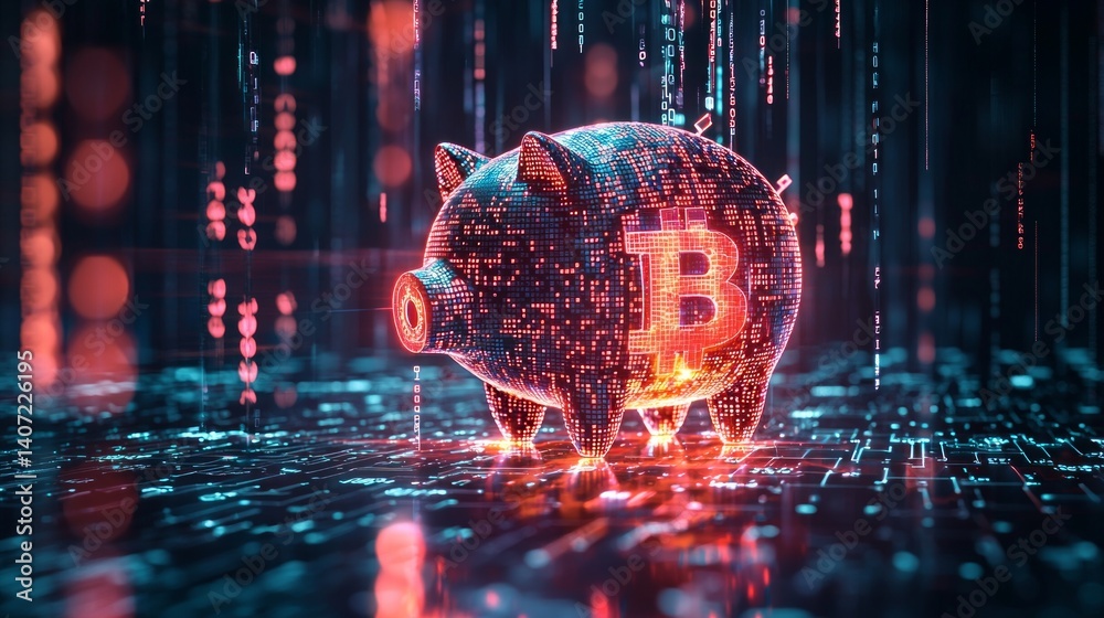 Digital Piggy Bank with Bitcoin Symbols in a Futuristic Setting