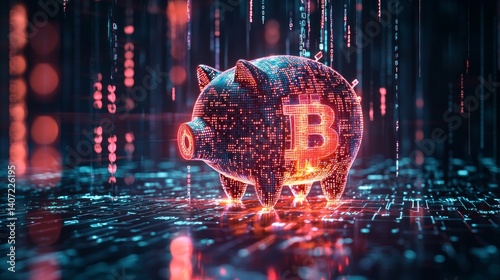Obraz na płótnie Digital Piggy Bank with Bitcoin Symbols in a Futuristic Setting w salonie