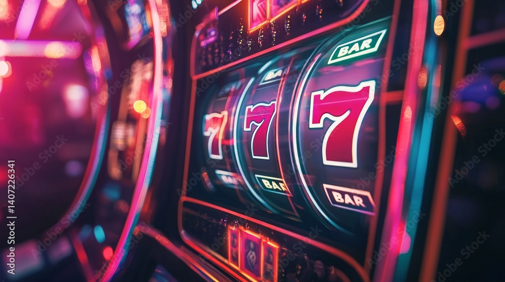 Vibrant Slot Machine Display with Colorful Neon Lights and Symbols