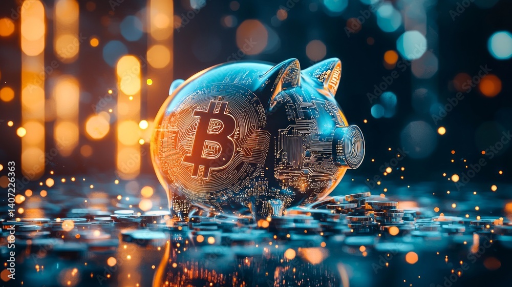 Stylized Piggy Bank with Bitcoin Symbol and Bokeh Background