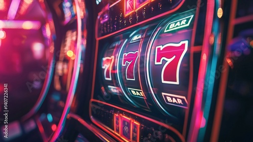 Obraz na płótnie Vibrant Slot Machine Display with Colorful Neon Lights and Symbols w salonie