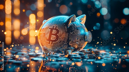 Obraz na płótnie Stylized Piggy Bank with Bitcoin Symbol and Bokeh Background w salonie