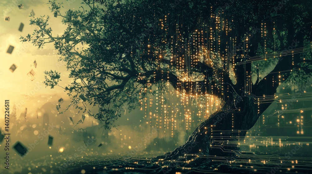 Surreal Depiction of a Magical Tree with Glowing Binary Elements