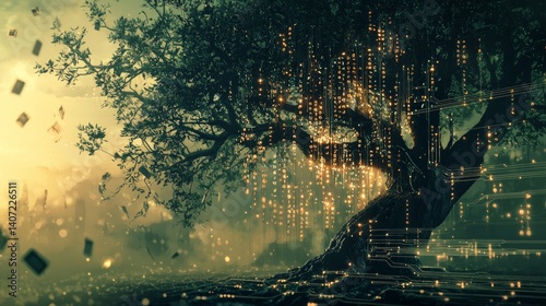 Obraz na płótnie Surreal Depiction of a Magical Tree with Glowing Binary Elements w salonie