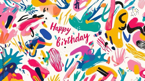 Biglietto di auguri di compleanno con vivaci schizzi di vernice e il testo di 
