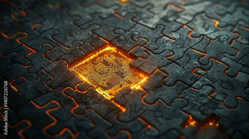 Obraz na płótnie Intricate Puzzle Design with Circuit Board and Glowing Elements w salonie