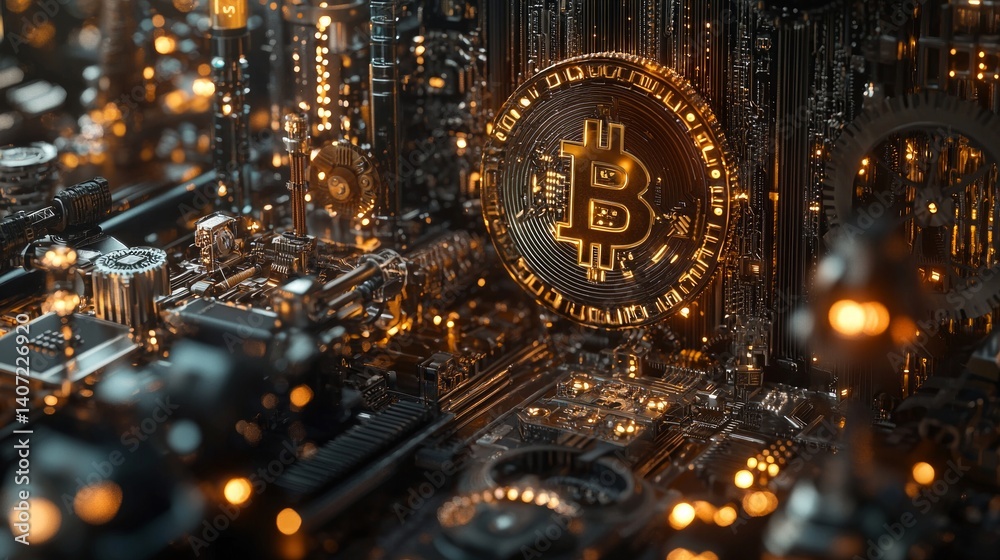 Intricate Digital World with Golden Cryptocurrency Symbols