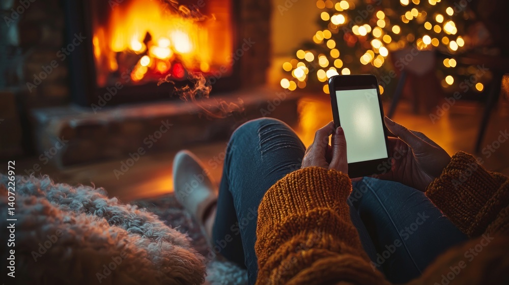 Cozy Evening by the Fireplace with a Smartphone in Hand