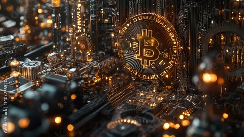 Obraz na płótnie Intricate Digital World with Golden Cryptocurrency Symbols w salonie