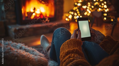 Obraz na płótnie Cozy Evening by the Fireplace with a Smartphone in Hand w salonie