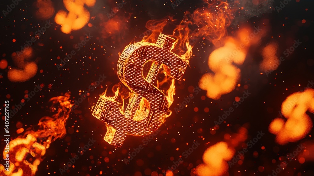 Abstract Representation of Flaming Dollar Symbol in Dark Environment