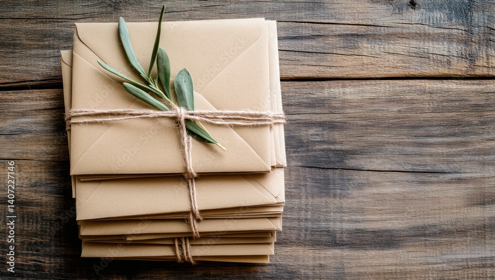 Stack of brown envelopes tied with twine and a sprig on wood. Stack of brown envelopes tied with twine and a sprig on wood.