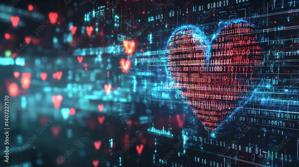 Abstract Heart Design in Digital Environment with Binary Code