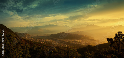 Panorama of Himalayas with Annapurna and Machapuchare (Fishtail) mountain pea...