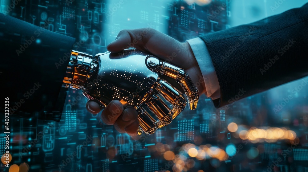 Human and Robot Hands Shaking in Futuristic Digital Environment