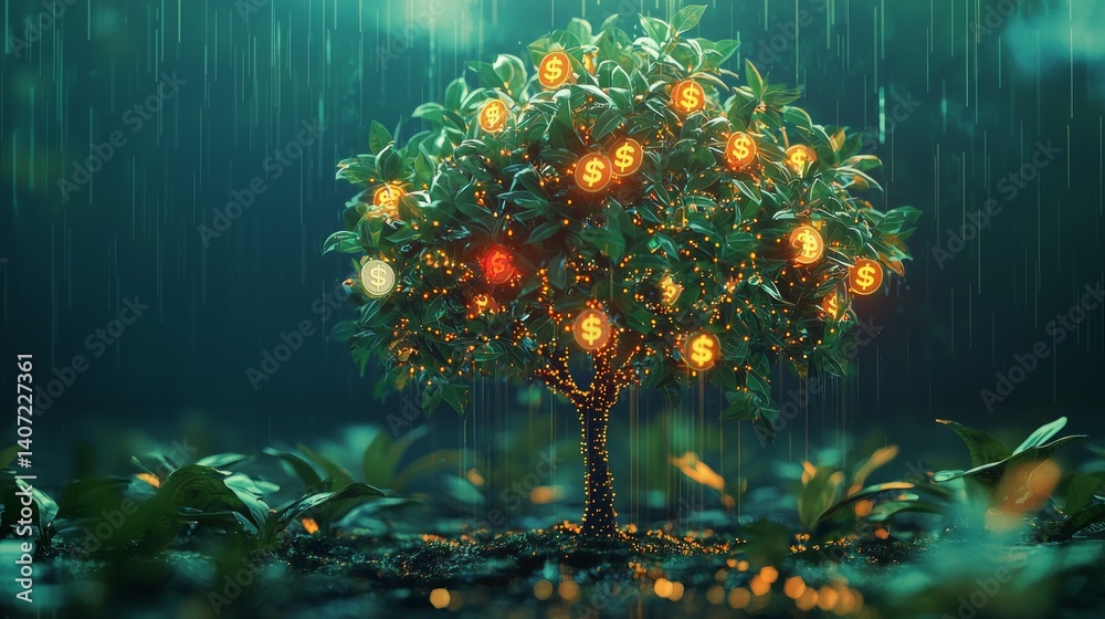 Money Tree with Dollar Symbols in Upward Angle Shot