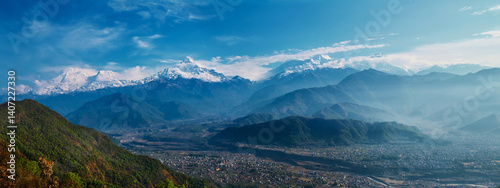 Panorama of Himalayas with Annapurna and Machapuchare (Fishtail) mountain pea...