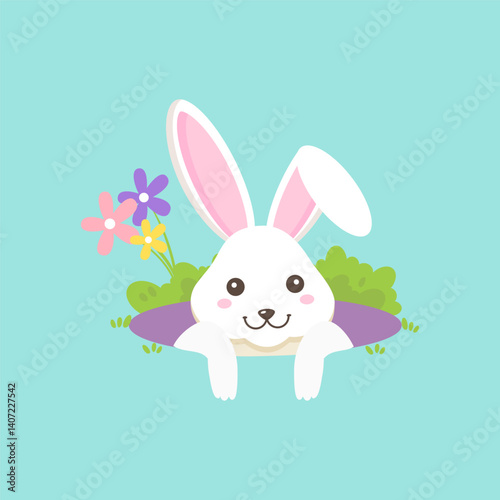 White bunny peeking out from a hole in the ground. Surrounded by green foliage and colorful flowers. Perfect for spring or Easter theme. Vector flat illustration