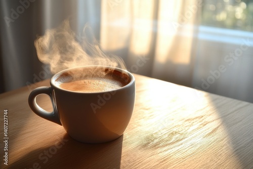 Steaming cup of coffee sits on a wooden table by a sunny window