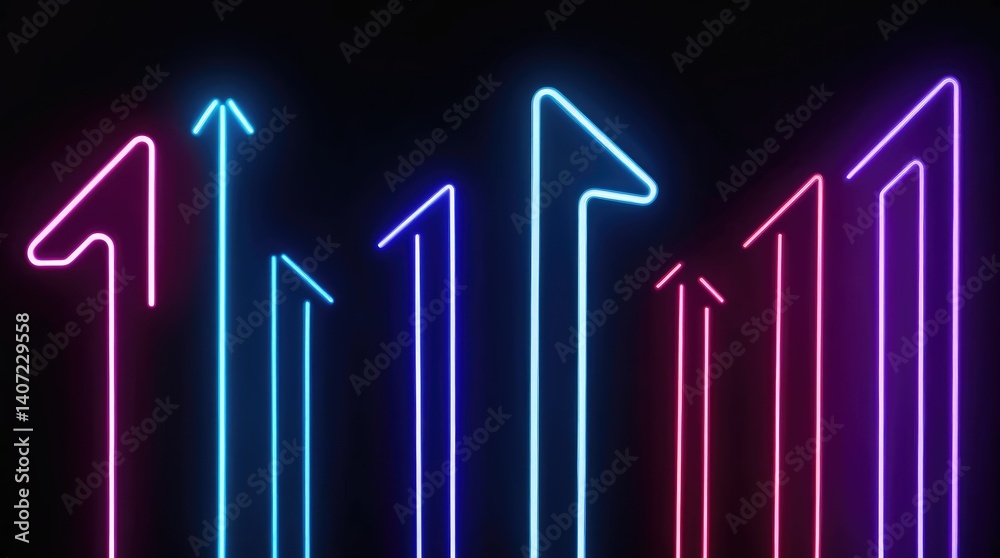 Fototapeta premium futuristic neon arrows pointing upward with glowing blue and purple light trails on a black background, symbolizing progress