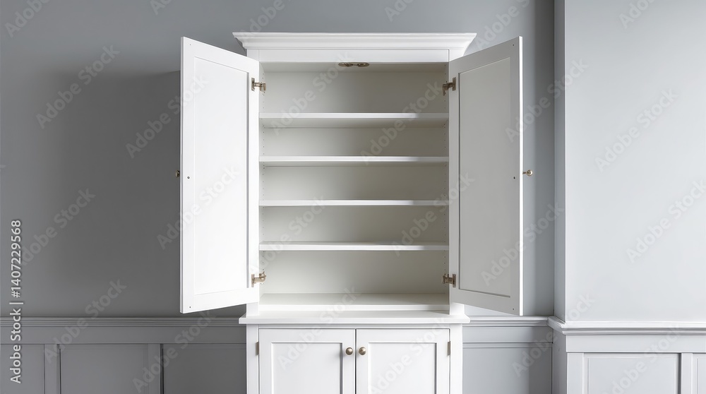Fototapeta premium Mockup of an open white cabinet showcasing empty shelves. Shelves designed for product display, clean white cabinet, light grey wall paint, white wood. Vertical image.