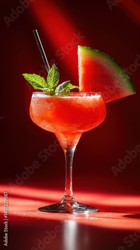 Wallpaper Mural Watermelon cocktail garnished with mint in a stemmed glass on red backdrop Torontodigital.ca