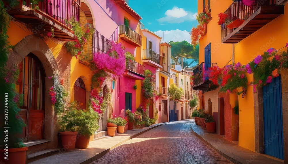 Fototapeta premium Narrow Streets of Santa Cruzs Old Quarter or Old Town or El Barrio Bathed in Soft Light and Ancient Allure, Capturing a Vibrant Andalusian Mood.