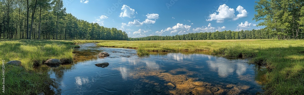 Obraz premium Tranquil lake with forest reflection and clear sky
