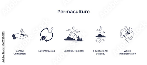 Permaculture focuses on sustainable living with icons of a hand planting, cycle arrows, and roots. Doodle style icons.