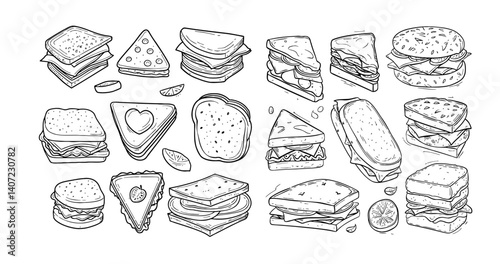 hand-drawn sandwiches and snacks, including various types of bread, fillings, and styles, showcasing a delightful range of quick bites